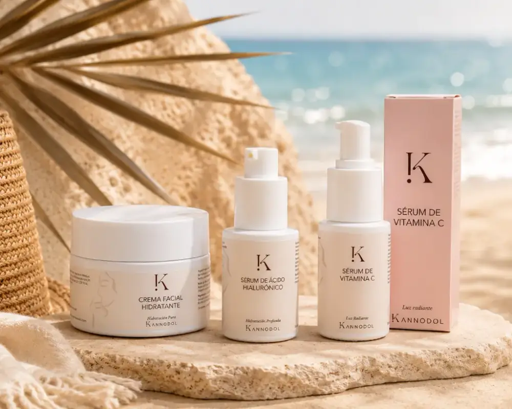 Rutina Kannodol de hidratación y luminosidad en verano: crema facial hidratante, sérum de ácido hialurónico y sérum de vitamina C sobre fondo de playa