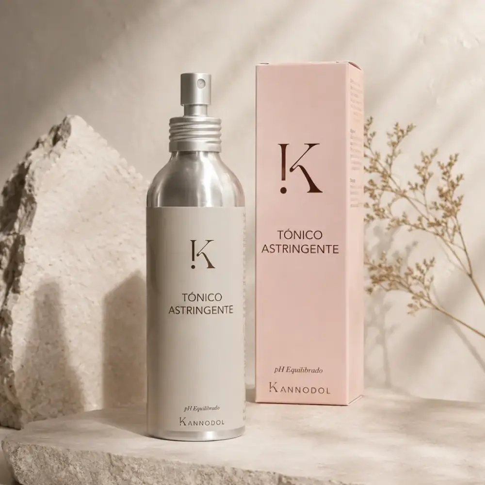 Tónico Astringente de Kannodol con hamamelis aplicado con un disco de algodón en una rutina facial para piel con brillo
